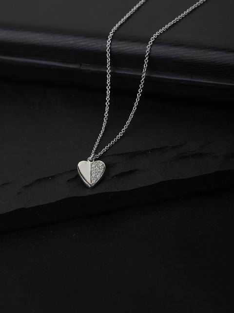 Carlton London Silver Toned Rhodium Plated CZ Studded Heart Shaped Minimal Necklace