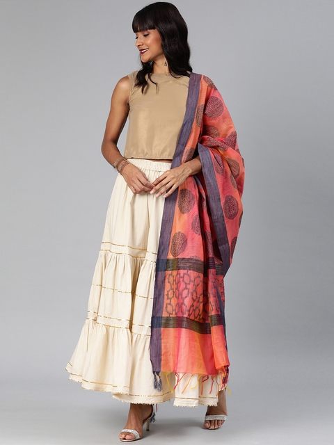 Inddus Pink & Navy Dual Tone Cotton Blend Woven Design Dupatta