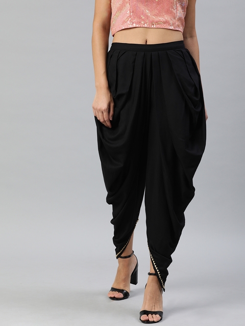 Inddus Women Black Solid Dhoti Pants With Embellished Detail