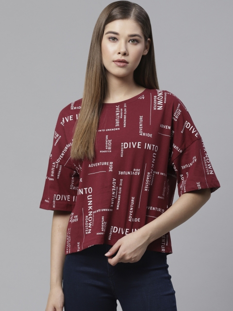 Roadster Women Burgundy & White Typography Printed Cotton T-shirt