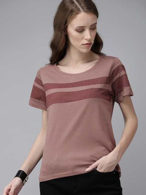 Roadster Women Maroon Printed Round Neck T-shirt