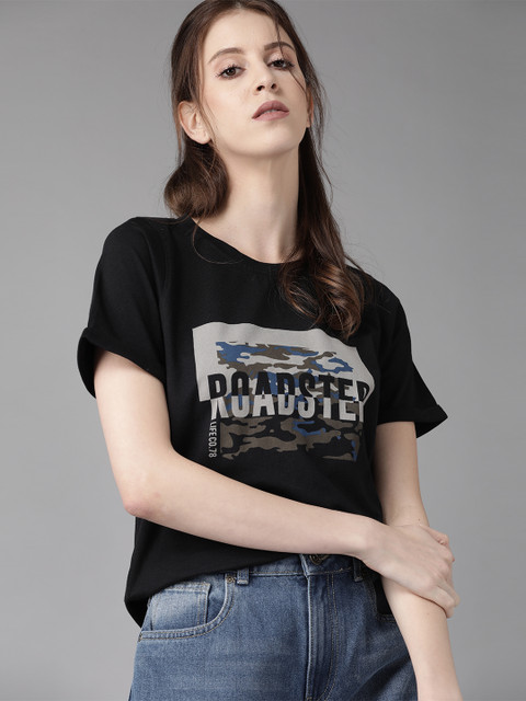 Roadster Women Black & Grey Printed Round Neck T-shirt