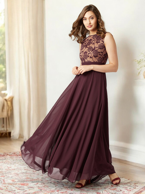 Miss Chase Women Beige & Wine Lace Insert Sleeveless Maxi Dress