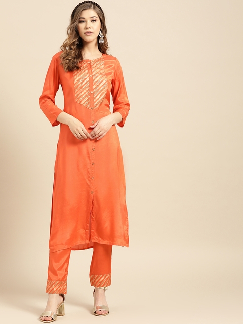 IMARA Women Orange & Golden Yoke Design Kurta with Trousers