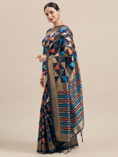 Mitera Navy Blue & Gold-Toned Art Silk Woven Design Banarasi Saree