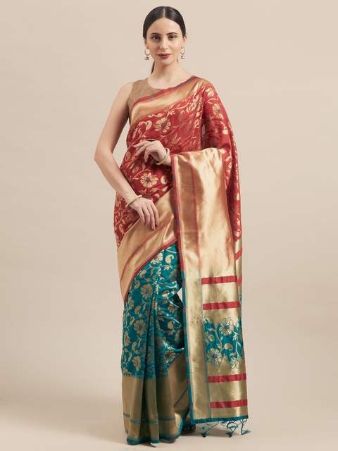 Mitera Red & Teal Green Art Silk Woven Design Banarasi Saree