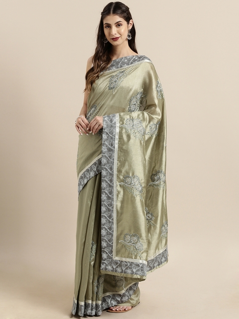 The Chennai Silks Classicate Green & Grey Silk Blend Embroidered Saree