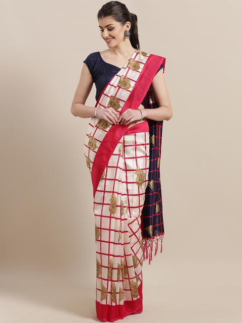 7Rainbow Off-White & Pink Checked Mysore Silk Saree