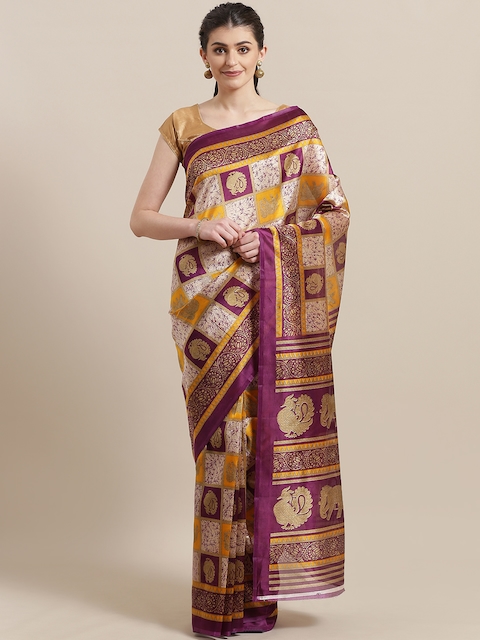 7Rainbow Purple & Beige Digital Printed Mysore Silk Saree