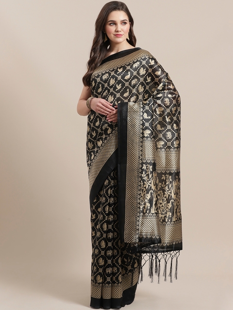 7Rainbow Black & Beige Digital Printed Mysore Silk Saree