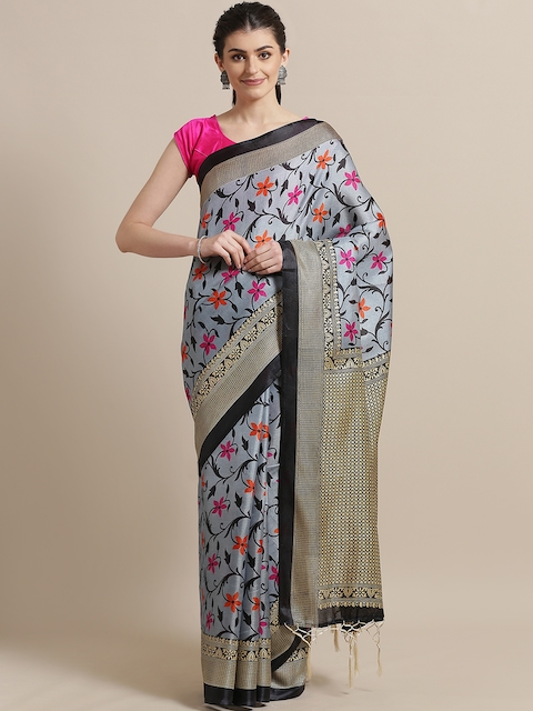7Rainbow Grey & Pink Digital Printed Mysore Silk Saree