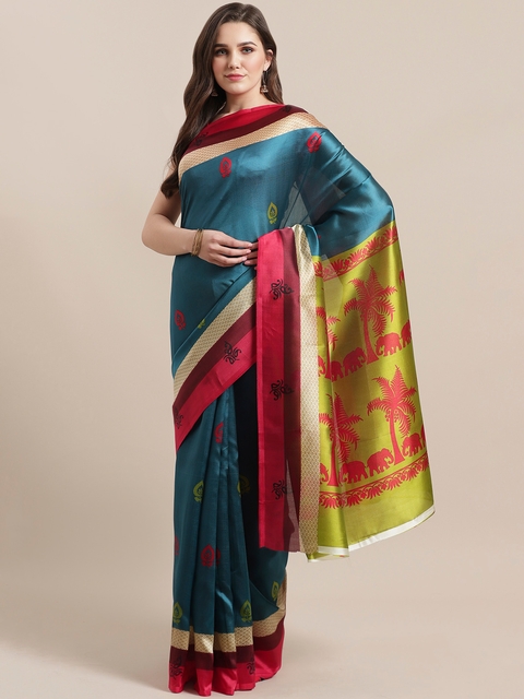 7Rainbow Teal Blue & Red Printed Mysore Silk Saree