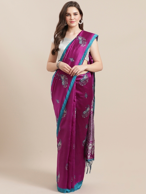 7Rainbow Purple & Grey Digital Print Mysore Silk Saree
