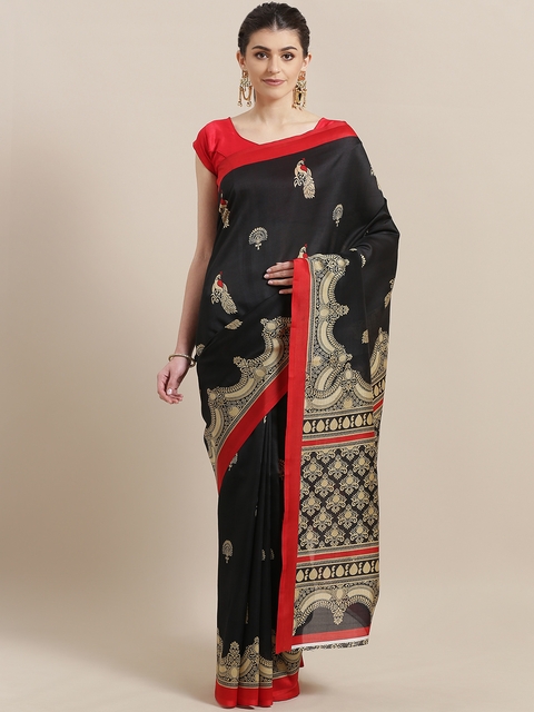 7Rainbow Black & Beige Digital Printed Mysore Silk Saree