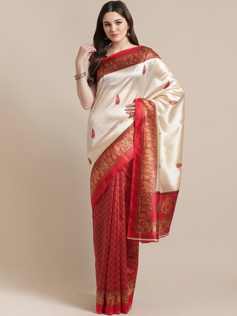 7Rainbow Beige & Red Digital Printed Mysore Silk Half & Half Saree