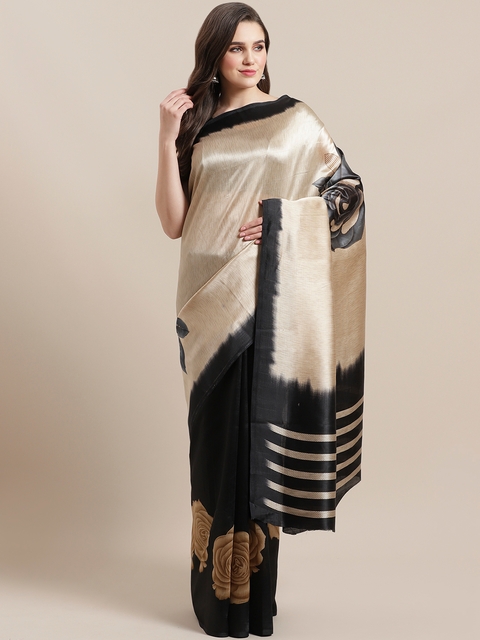 7Rainbow Black & Cream-Coloured Solid Mysore Silk Saree