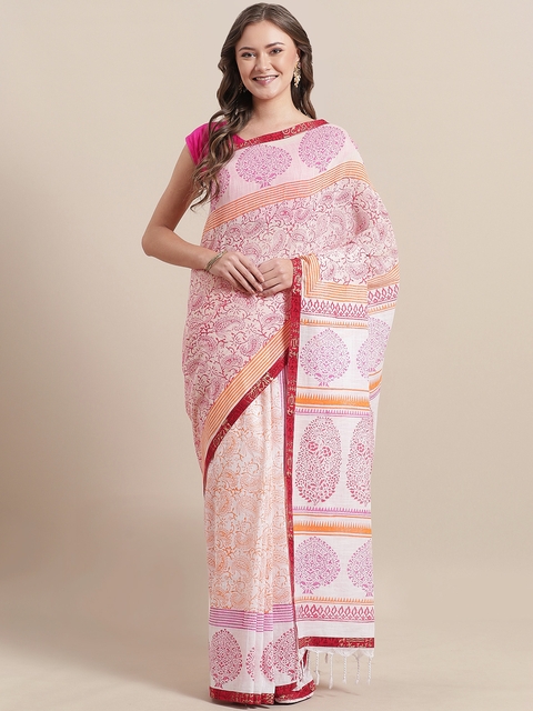 Nakshi White & Pink Handloom Pure Cotton Printed Saree