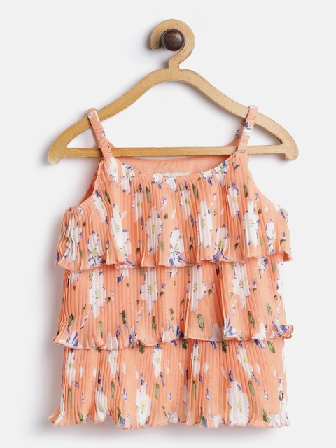 Gini and Jony Girls Peach-Coloured & White Accordion Pleat Floral Print Tiered...