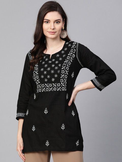 ADA Women Black & Grey Chikankari Hand Embroidered Pure Cotton Straight Handloom Kurti