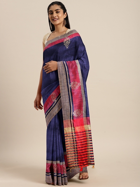 Soch Navy Blue Solid Art Silk Saree With Embellished Detailing
