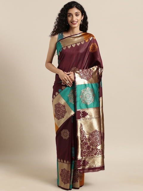 Satrani Maroon & Golden Poly Silk Woven Design Banarasi Saree