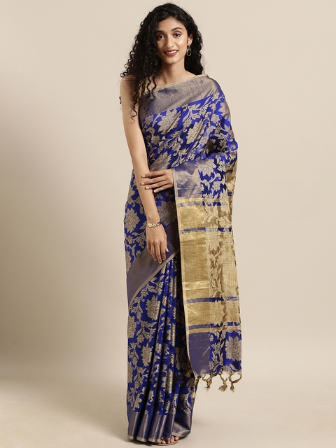 Satrani Blue & Gold-Toned Silk Blend Woven Design Banarasi Saree