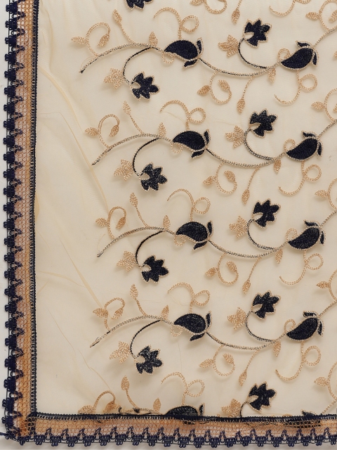 WEAVERS VILLA Beige & Navy Blue Embroidered Dupatta - Image 2