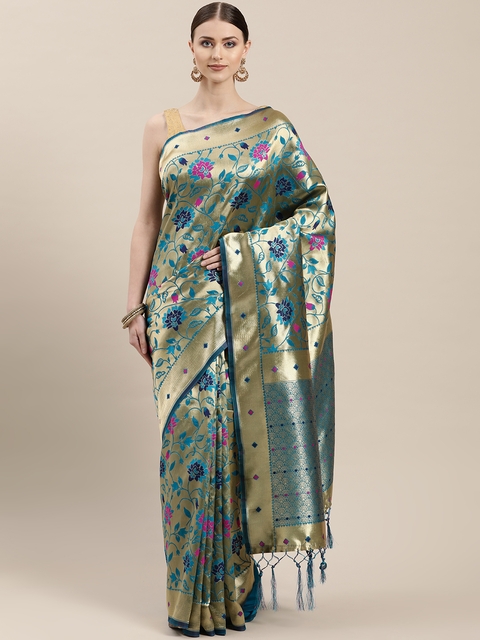 Mitera Golden & Blue Zari Woven Design Banarasi Saree