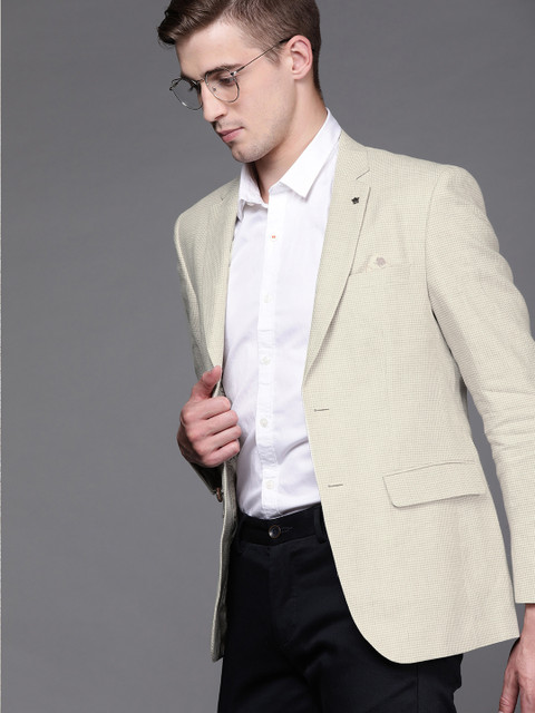 Louis Philippe Men Beige Self-Design Single-Breasted Slim Fit Linen Formal Blazer