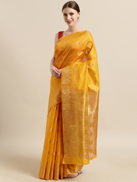 Satrani Yellow & Gold-Toned Polycotton Woven Design Banarasi Saree