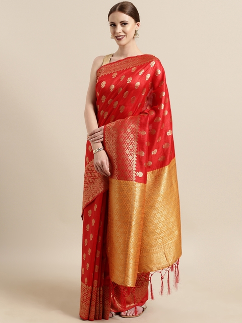 Satrani Red & Gold-Toned Poly Silk Woven Design Banarasi Saree