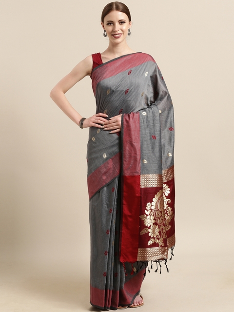 Satrani Grey & Maroon Poly Silk Woven Design Banarasi Saree