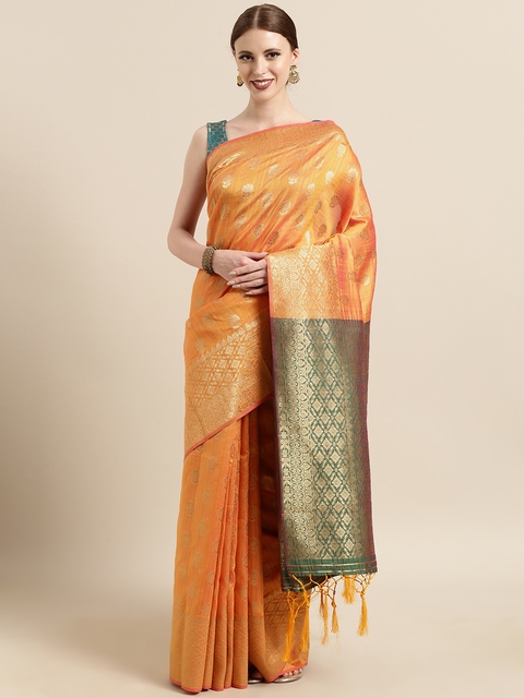 Satrani Yellow Poly Silk Woven Design Banarasi Saree