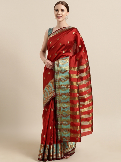 Satrani Maroon & Sea Green Poly Silk Woven Design Banarasi Saree