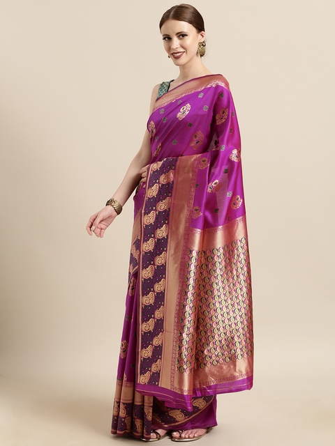 Satrani Magenta Pink & Golden Poly Silk Woven Design Banarasi Saree