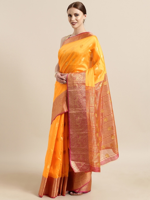 Satrani Yellow & Pink Poly Silk Woven Design Banarasi Saree