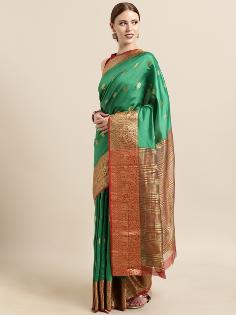 Satrani Green & Red Poly Silk Woven Design Banarasi Saree