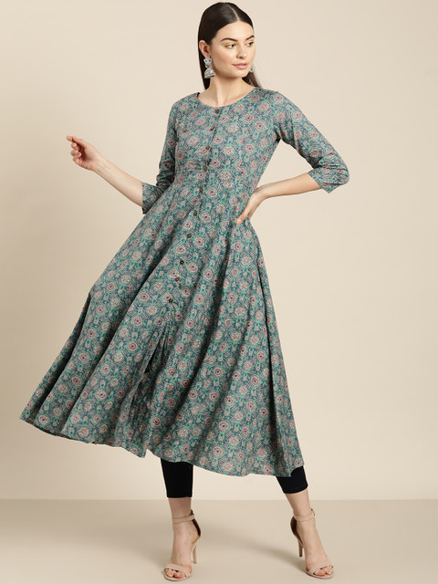Shae by SASSAFRAS Women Green & Blue Floral Printed Anarkali Kurta