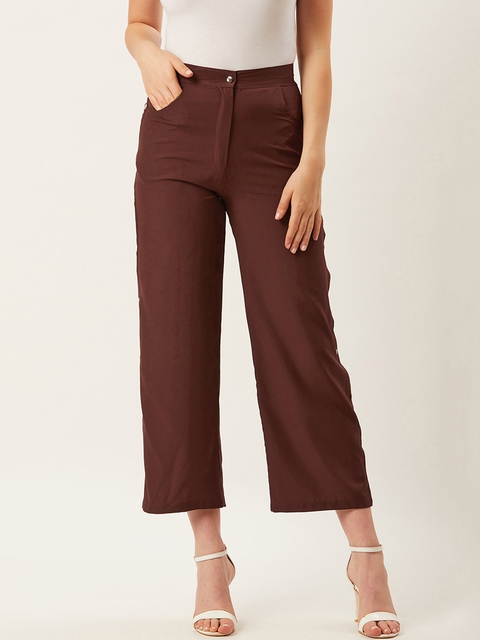 Alsace Lorraine Paris Women Brown Straight Fit Solid Cropped Parallel Trousers