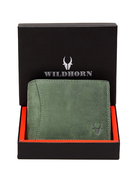 WildHorn Men Green Solid RFID Protected Leather Two Fold Wallet
