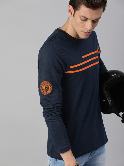 Roadster Men Navy Blue & Orange Striped Round Neck T-shirt