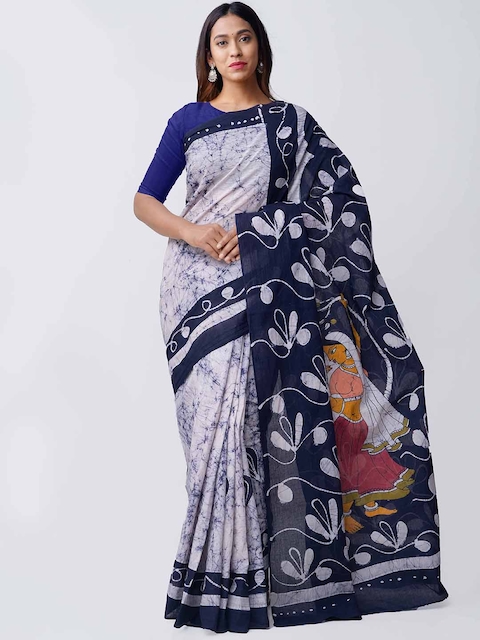 Unnati Silks Cream-Coloured & Navy Blue Pure Cotton Batik Printed Saree