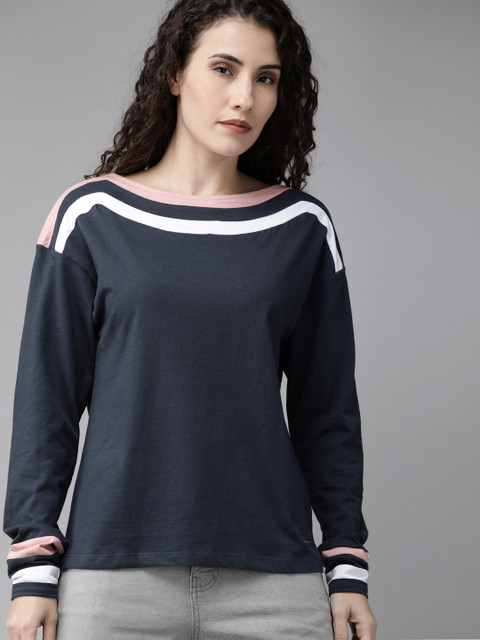 Roadster Women Navy Blue Solid Boat Neck Pure Cotton T-shirt