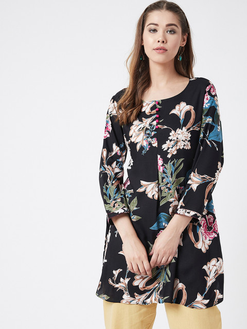 Tissu Women Black & Green Printed Straight Kurti