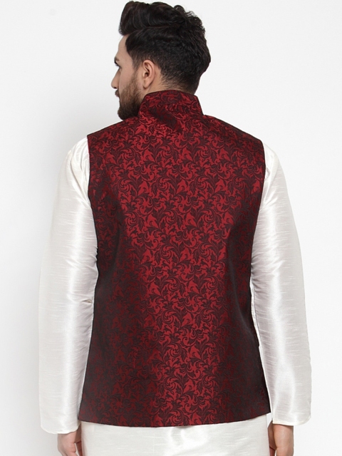 Jompers Men Maroon Floral Woven Design Nehru Jacket - Image 4