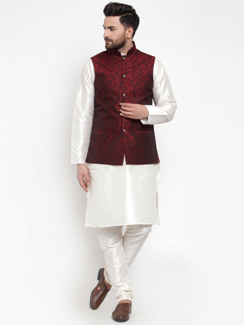 Jompers Men Maroon Floral Woven Design Nehru Jacket - Image 5