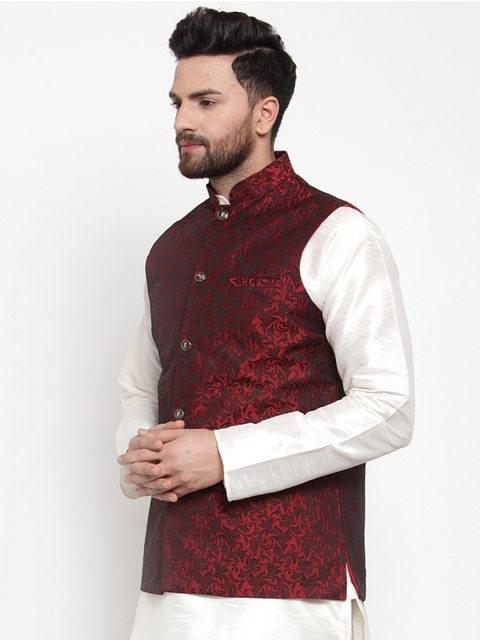 Jompers Men Maroon Floral Woven Design Nehru Jacket - Image 3