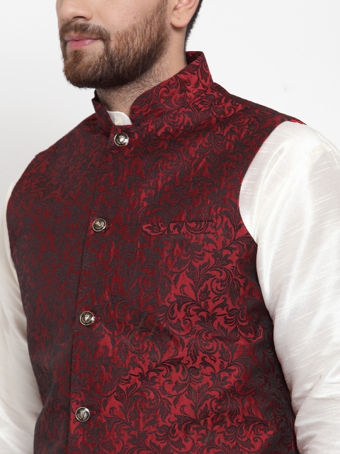 Jompers Men Maroon Floral Woven Design Nehru Jacket - Image 2