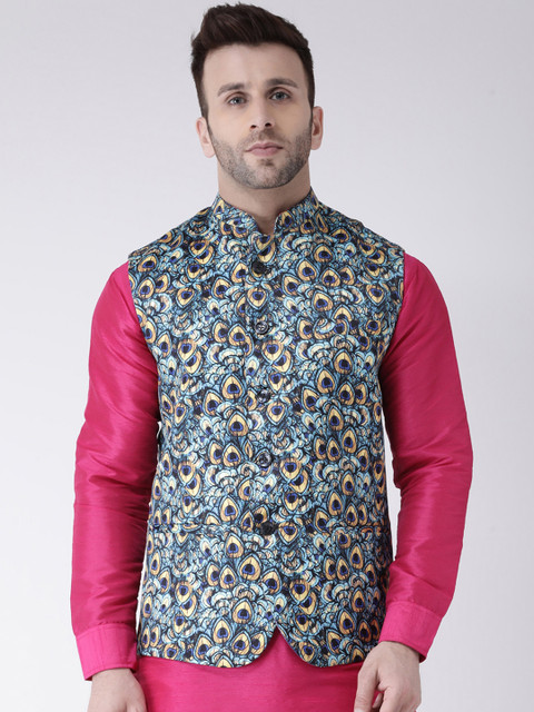 Hangup Men Blue & Yellow Printed Woven Nehru Jacket