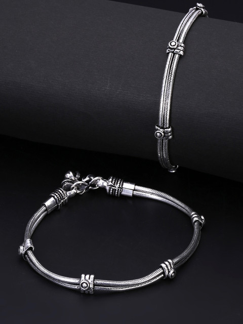 Yellow Chimes Silver-Toned Oxidised Anklets